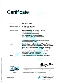 ISO 9001:2008 certificate — Reliable Pipes & Tubes Ltd