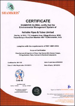 ISO 14001:2004 certificate — Reliable Pipes & Tubes Ltd